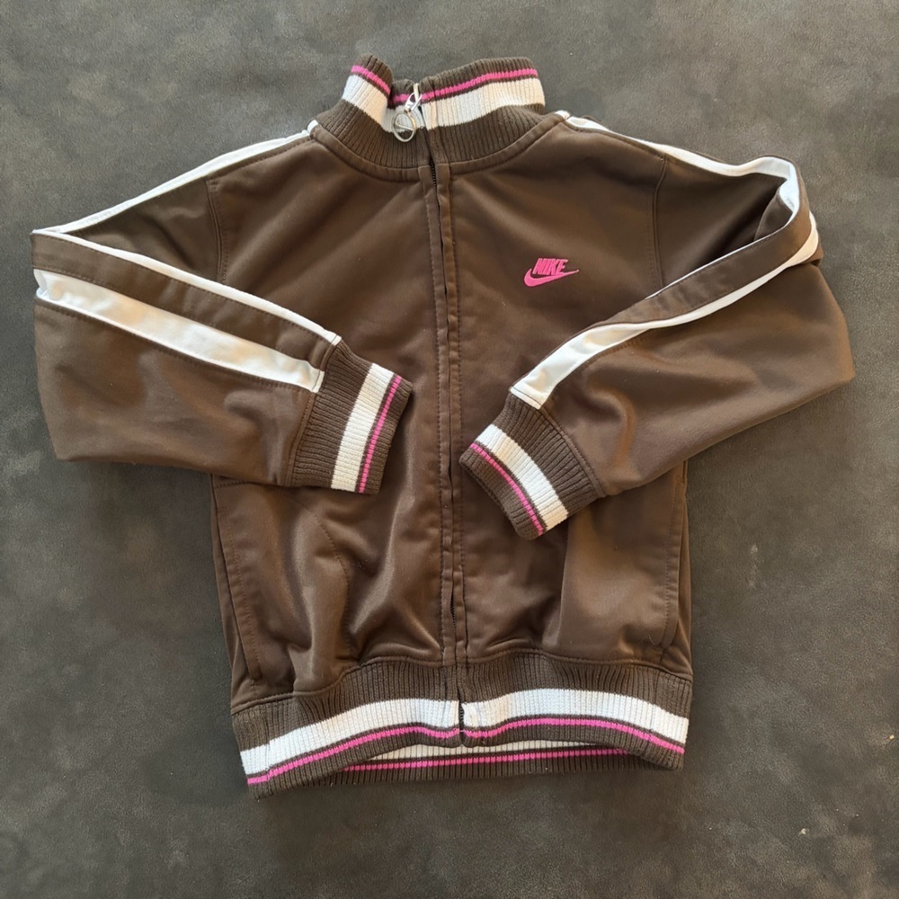 Nike Kids Brown Track Jacket with Pink and White Accents